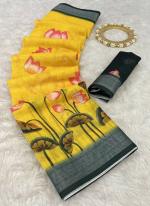 Linen Yellow Casual Wear Digital Printed Saree